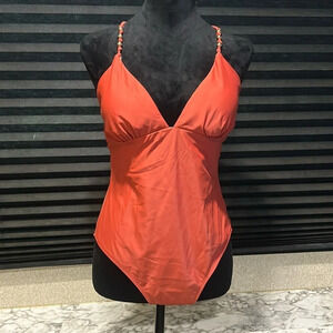 Cupshe Women’s Rust Red Tie Back Beaded Strap‎ V-Neck One Piece Swimsuit Large